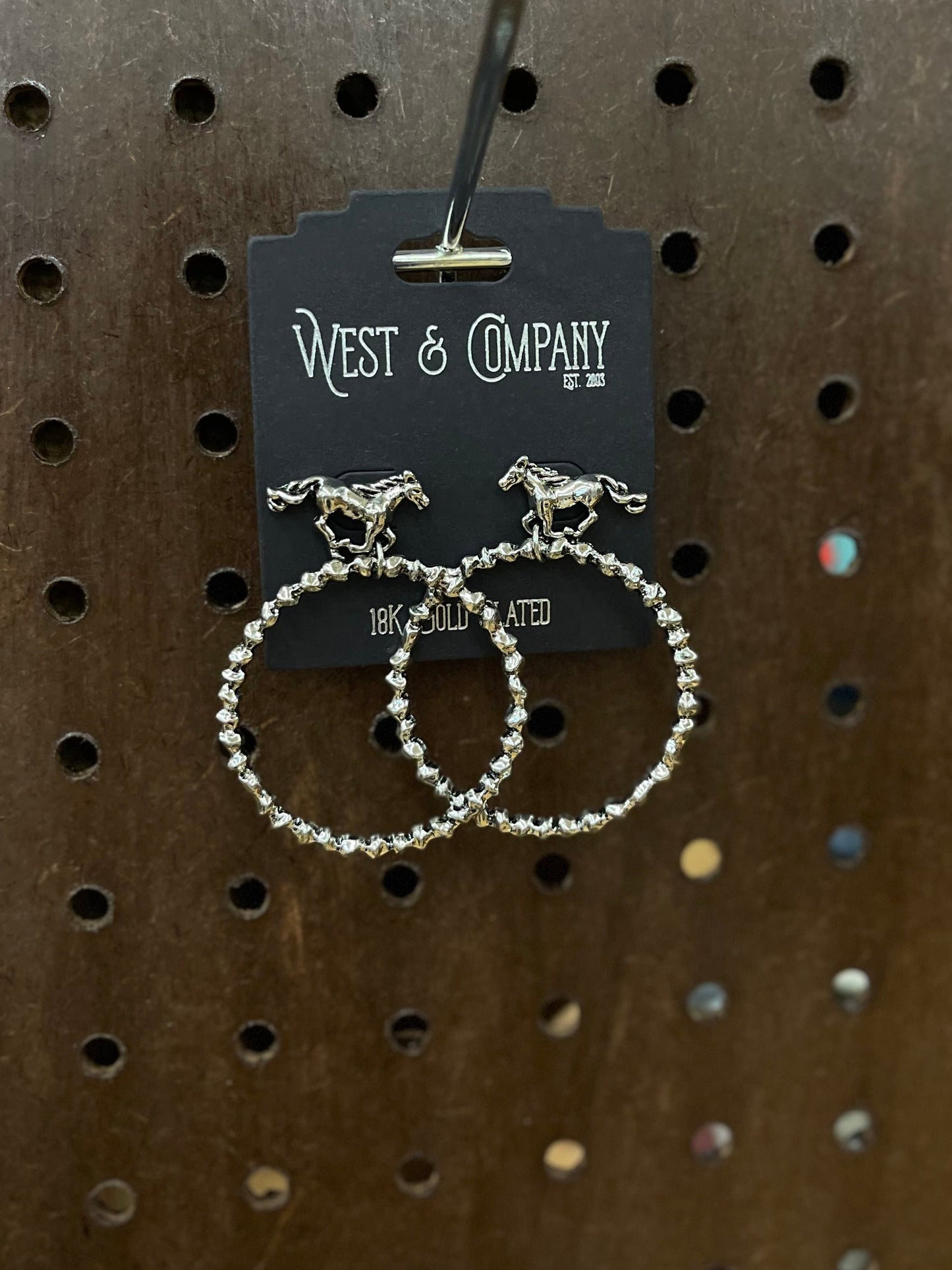West & Co 18k White Gold Plated Dangle Hoops Buckin Horse Earrings