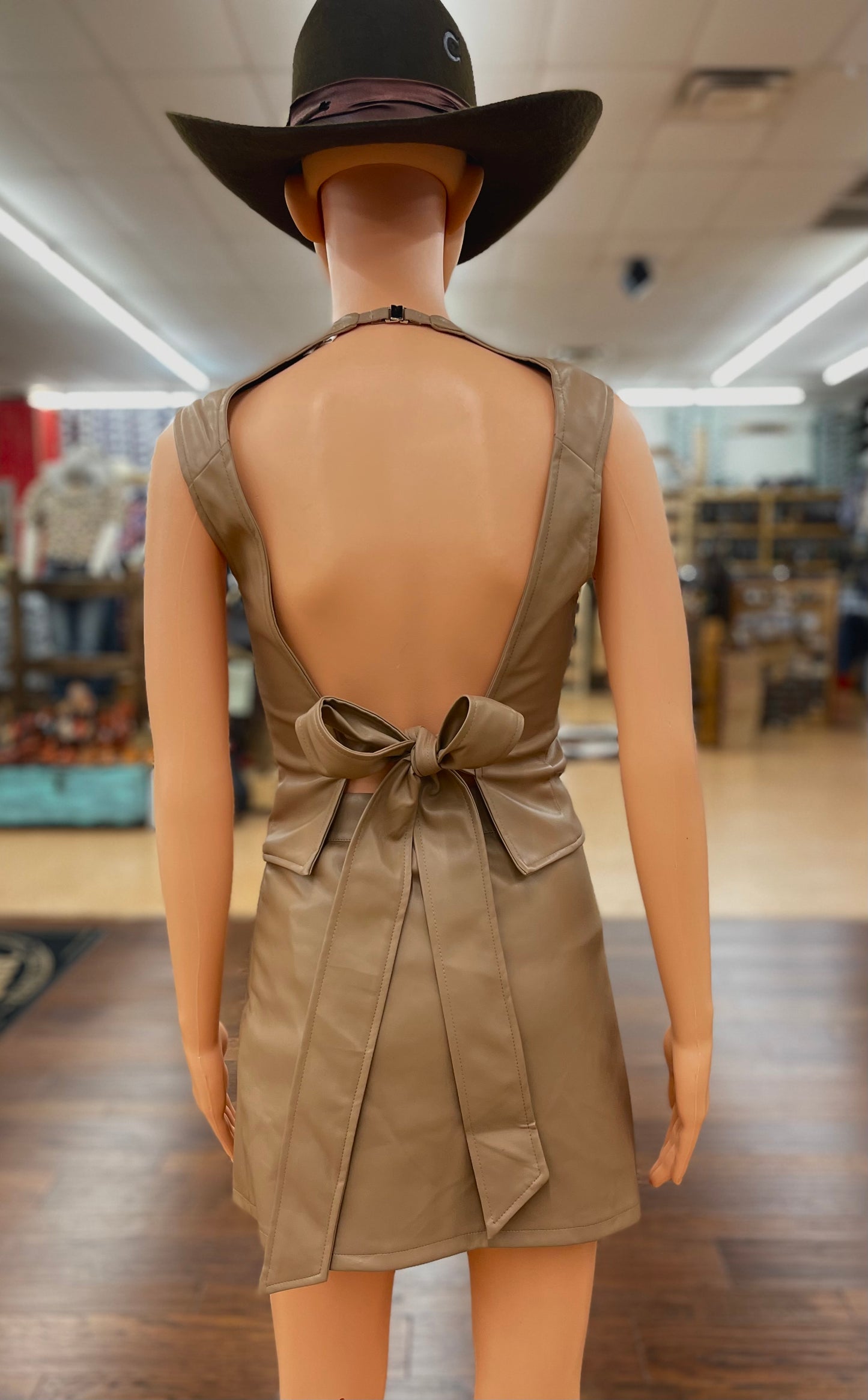 Women’s Leather Open Back Top and Front Slit Mini Skort