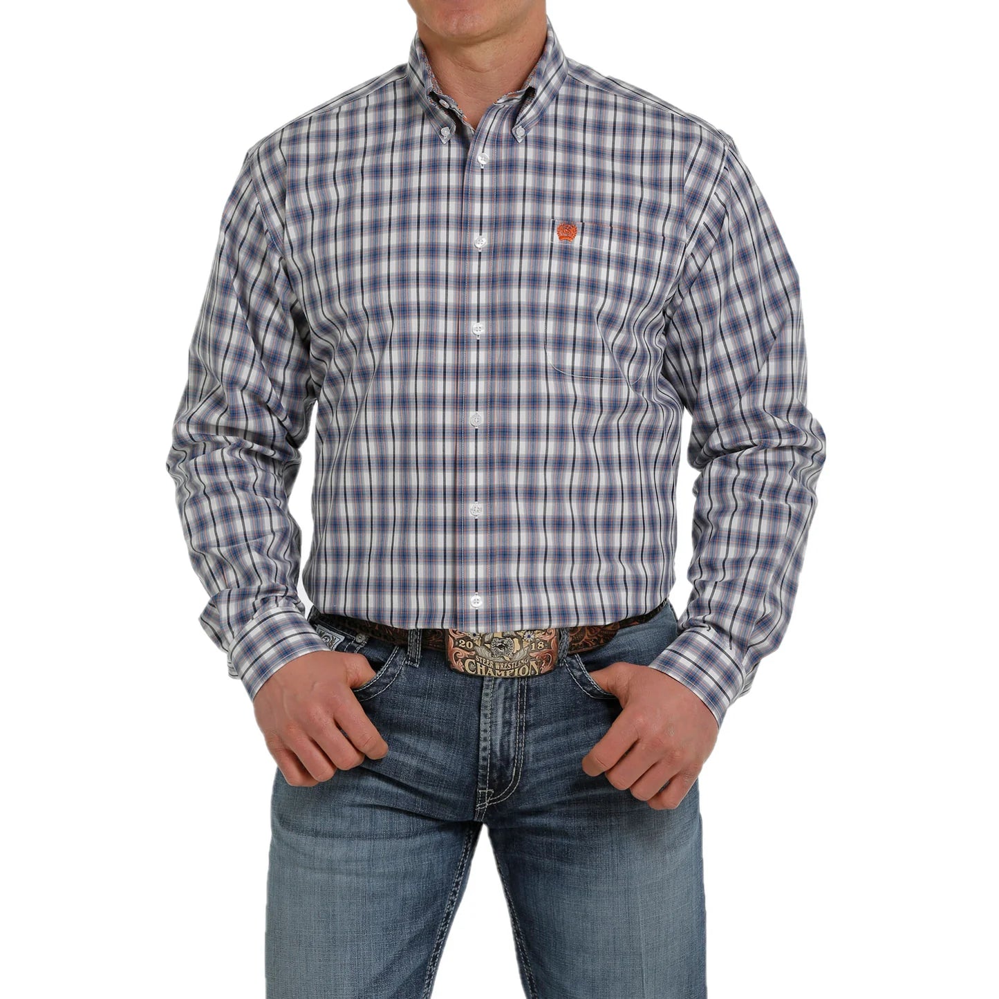 Cinch Men’s Plaid LS Shirt White/Blue