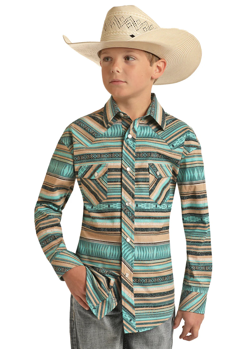 Rock&Roll Aztec Stripe Snap LS Shirt Teal
