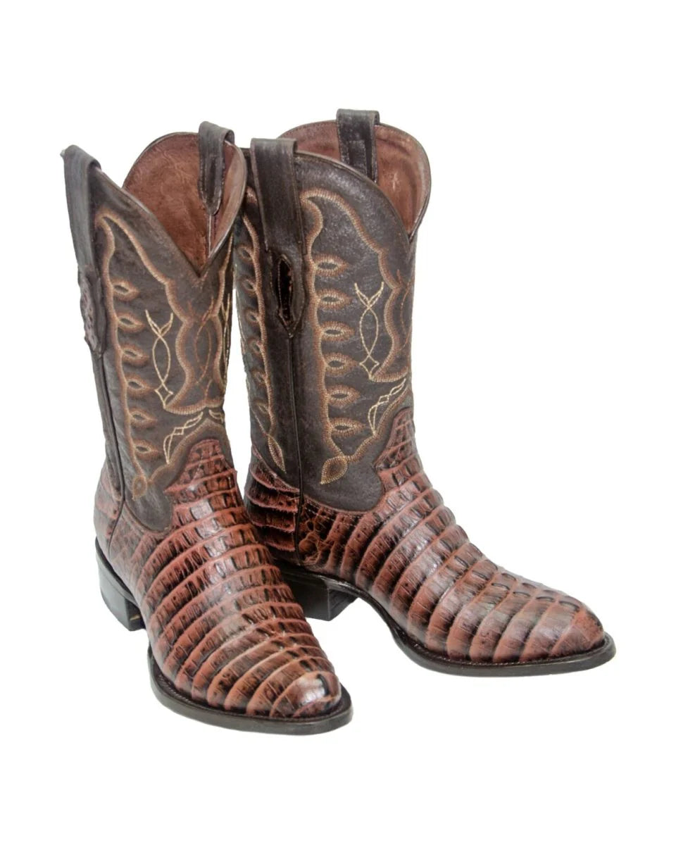 REPARO TX J-Toe Men’s Caiman Tail Print Brown Western Boots Whit Brown Top