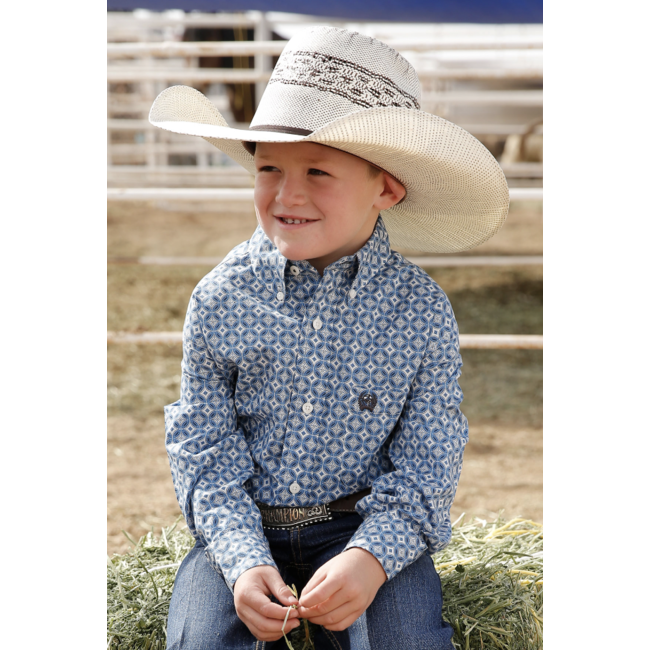 Cinch Boys Geo Pattern Button Down Shirt Light Blue