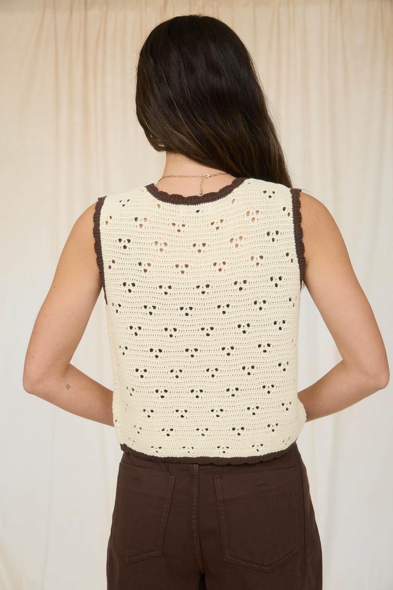 Women’s Floral Accent Front Tie Crochet Knit Cardigan Vest