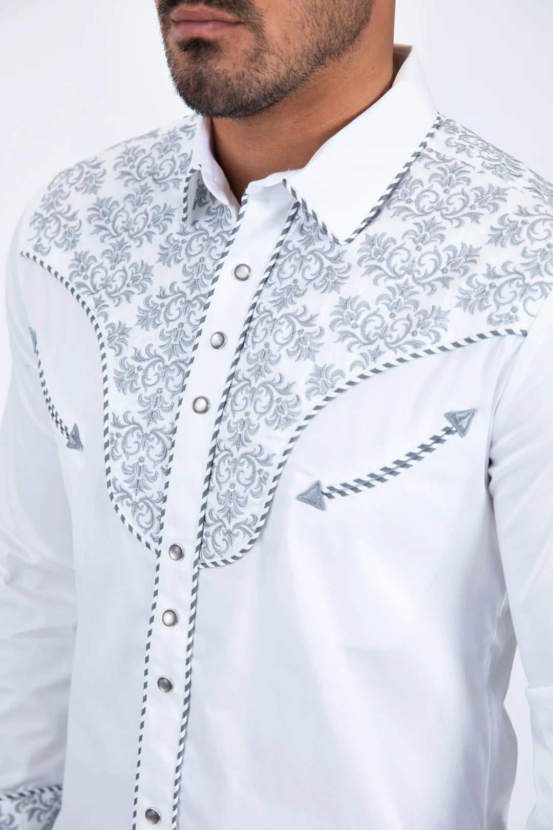 Platini Men’s Damask Embroidery Long Sleeve Shirt White/Grey