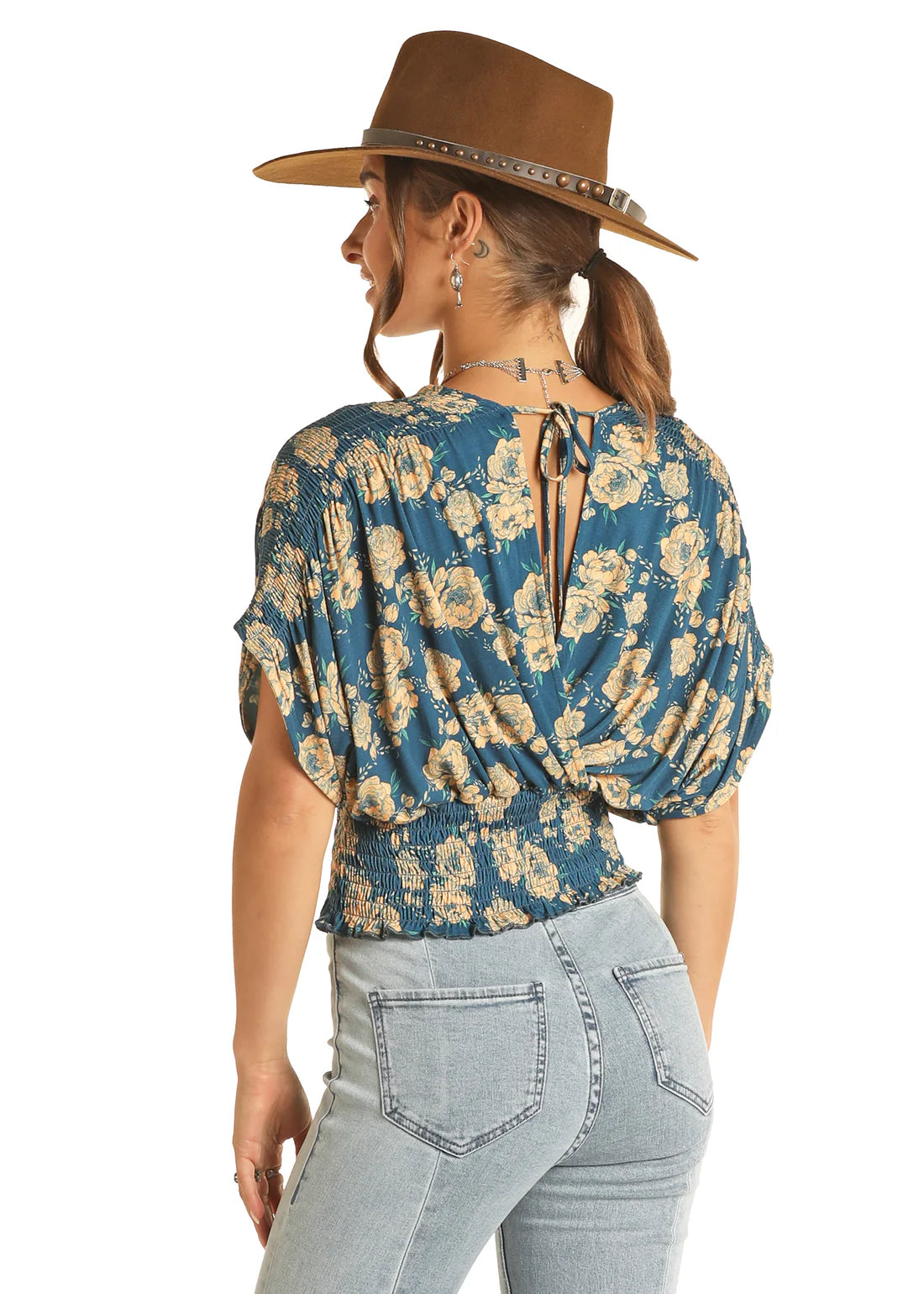 Rock&Roll Womens Smocked Floral Top Navy
