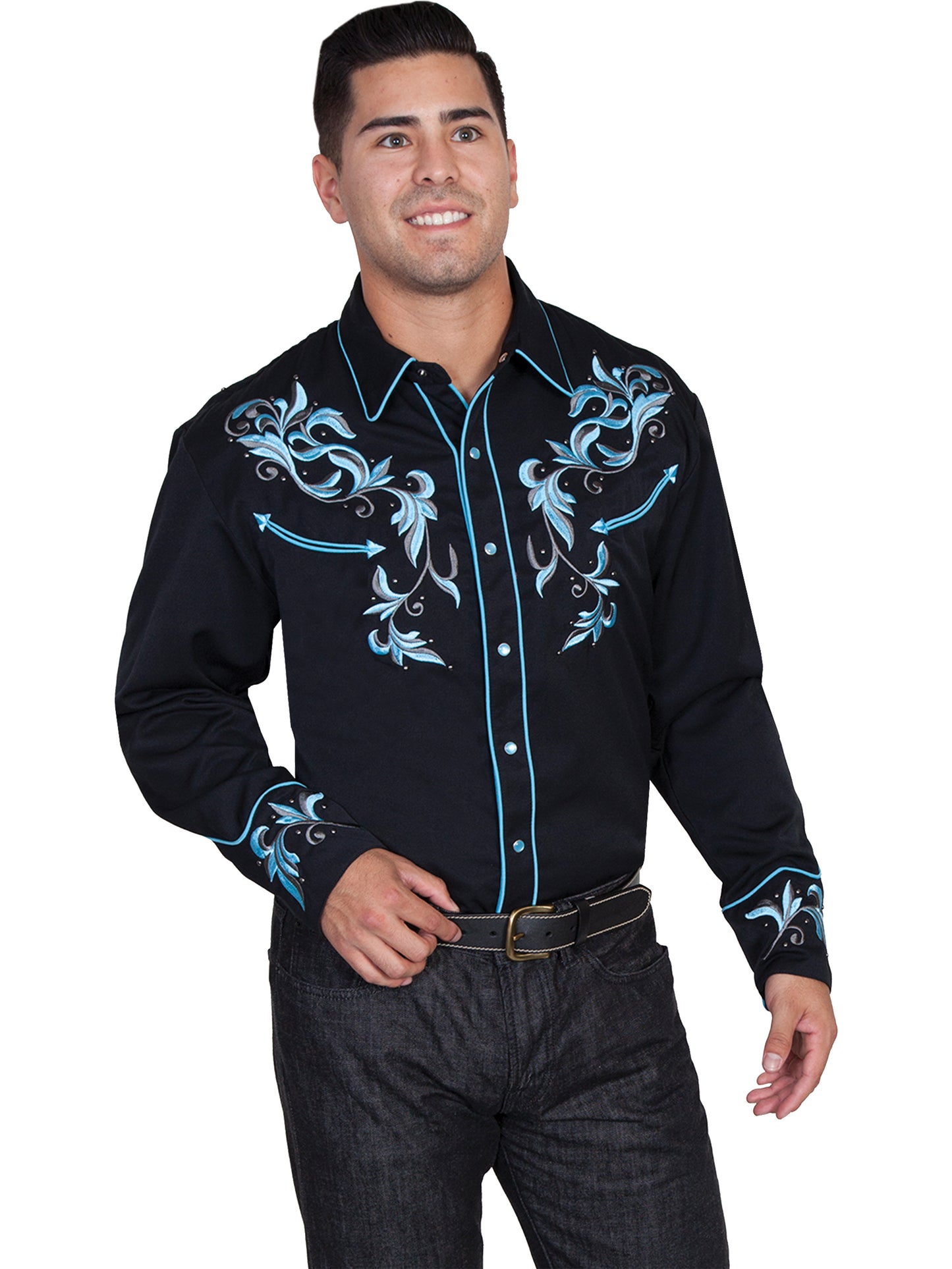 Scully Men’s Blue Embroidered Long Sleeve Western Shirt Black P844