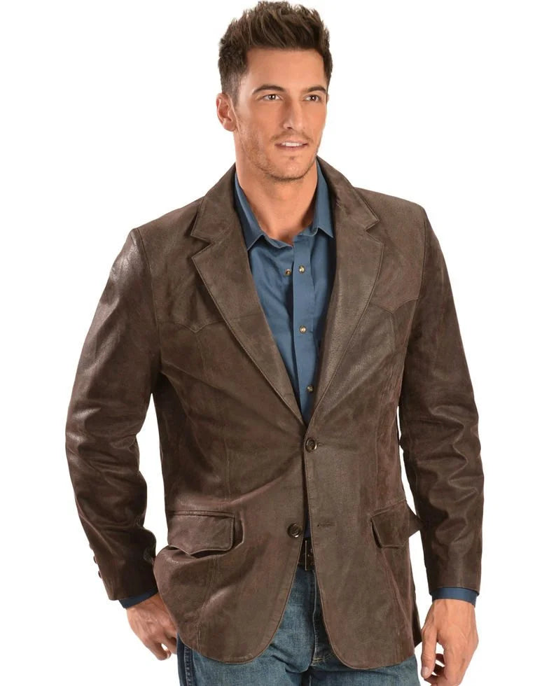 Scully Mens Crackled Brown Leather Cowboy Sport Coat
