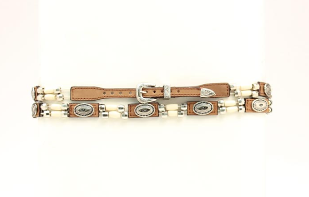 Twister Genuine Leather Hat Band with Bone Beads & Silver Conchos 0298344
