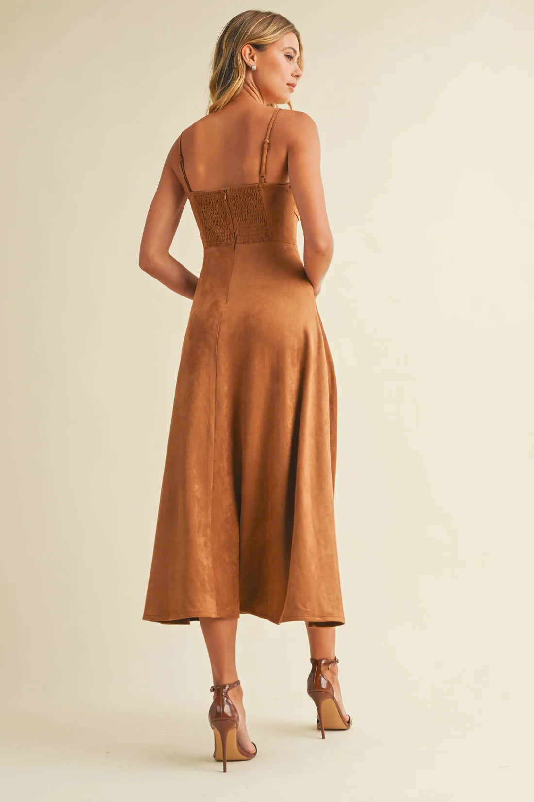 Klesis Suede Bustier Corset Flare Camel Midi Dress