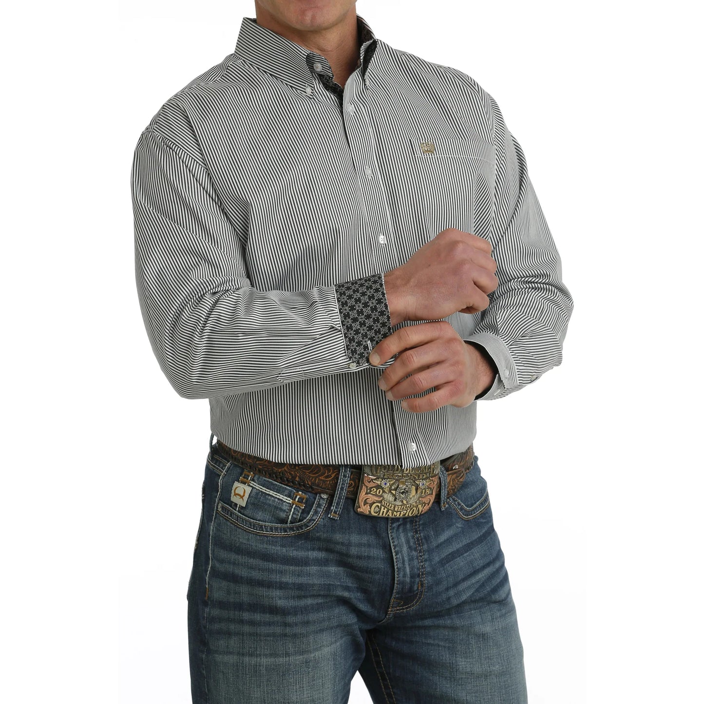 Cinch Men’s White Striped LS Shirt