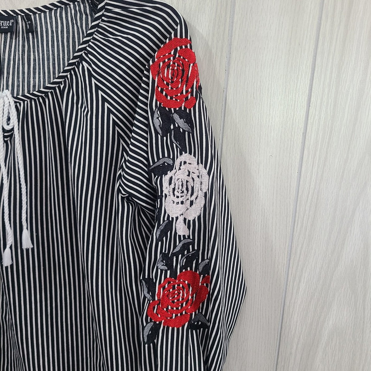 Cruel Denim Striped Tie Front Floral Embroidered Top
