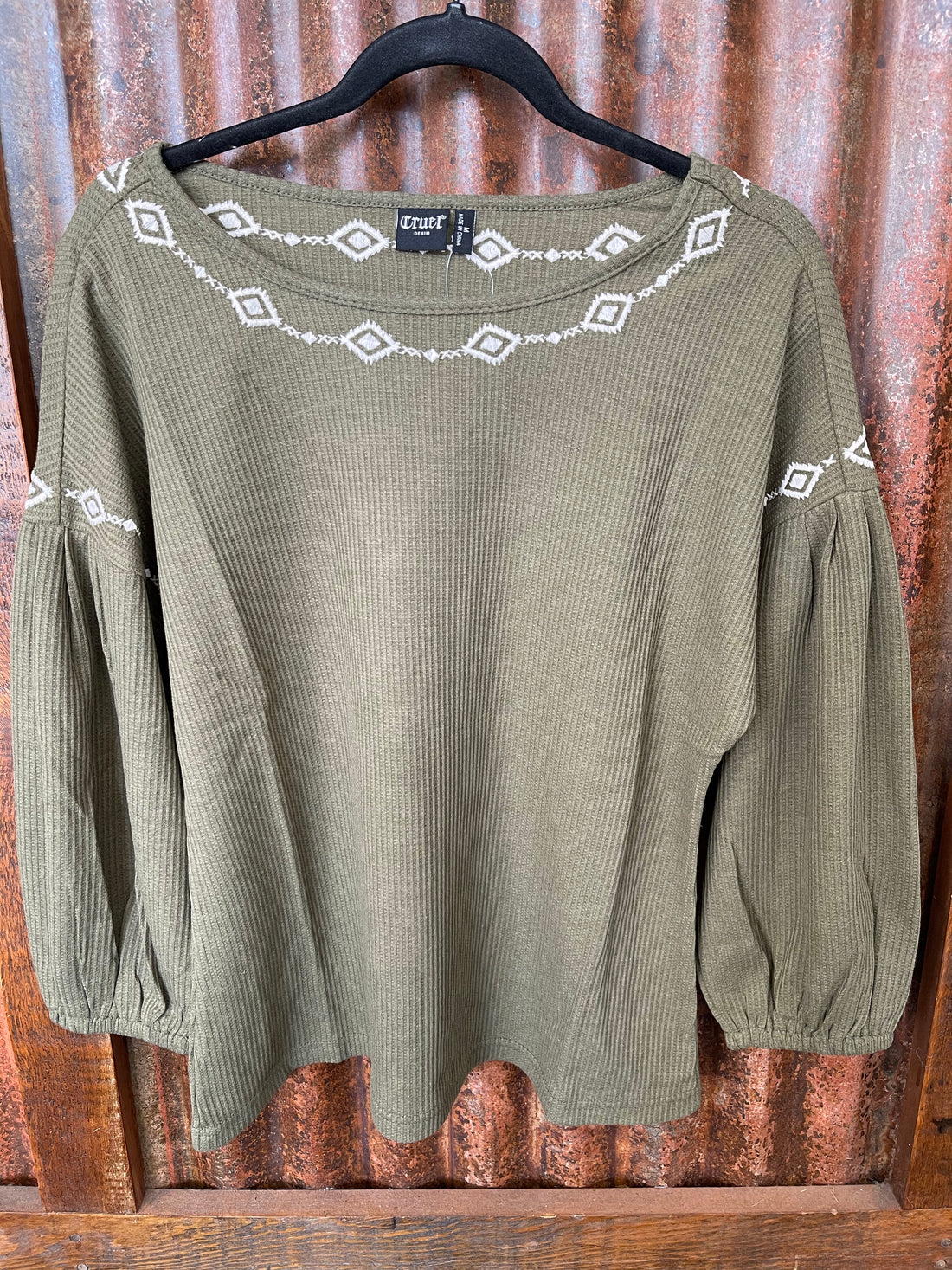 CRUEL WOMENS 3/4 SLEEVE OLIVE KNIT TOP