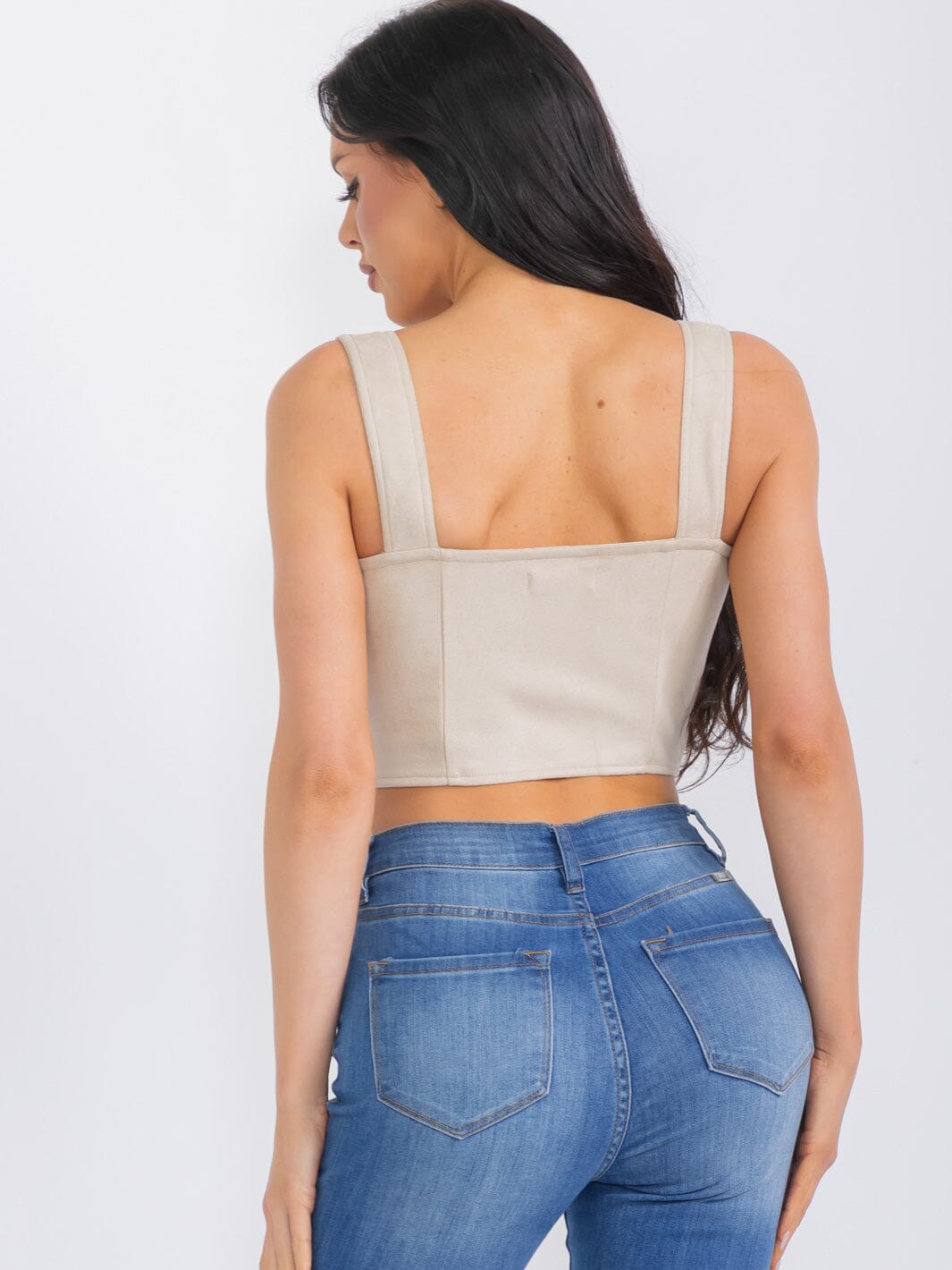 Women’s Sleeveless Button Closure Suede Crop Top Beige