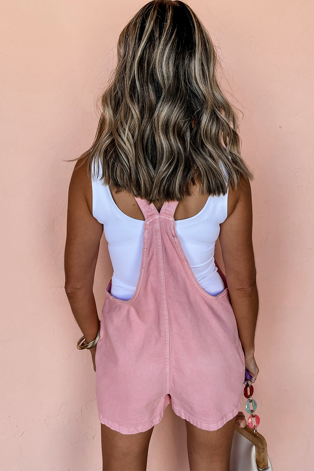 Dear Lover Pink Solid Color Knot Straps Denim Romper with Pockets