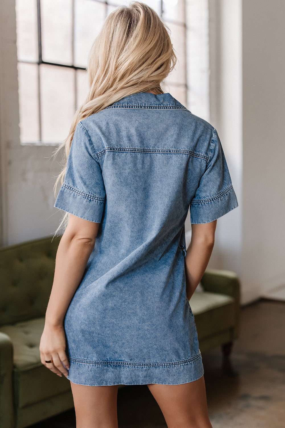 Dear Lover Beau Blue SS Collared Patched Pocket Denim Mini Dress