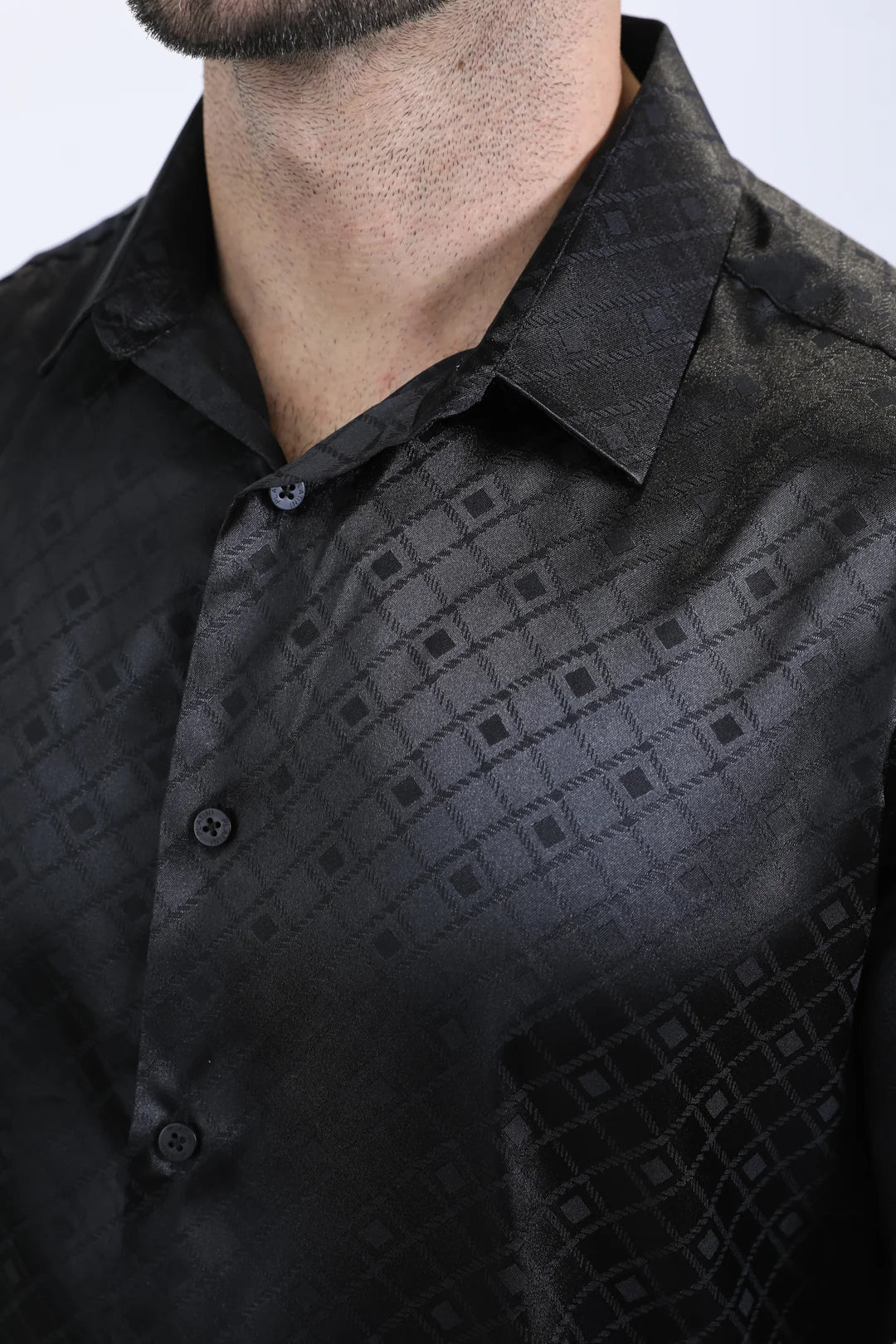 Platini Men’s Jacquard Fabric Print Modern Fit LS Black Shirt