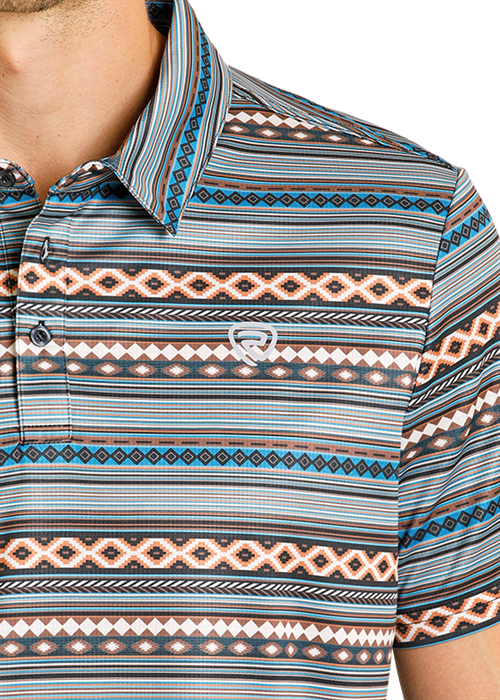 Rock & Roll Denim Teal Aztec Stripe Short Sleeve Polo BM51T08346