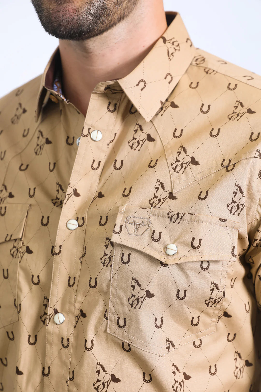 Platini Mens Western Modern Fit LS Khaki Shirt with Snaps WPL10486