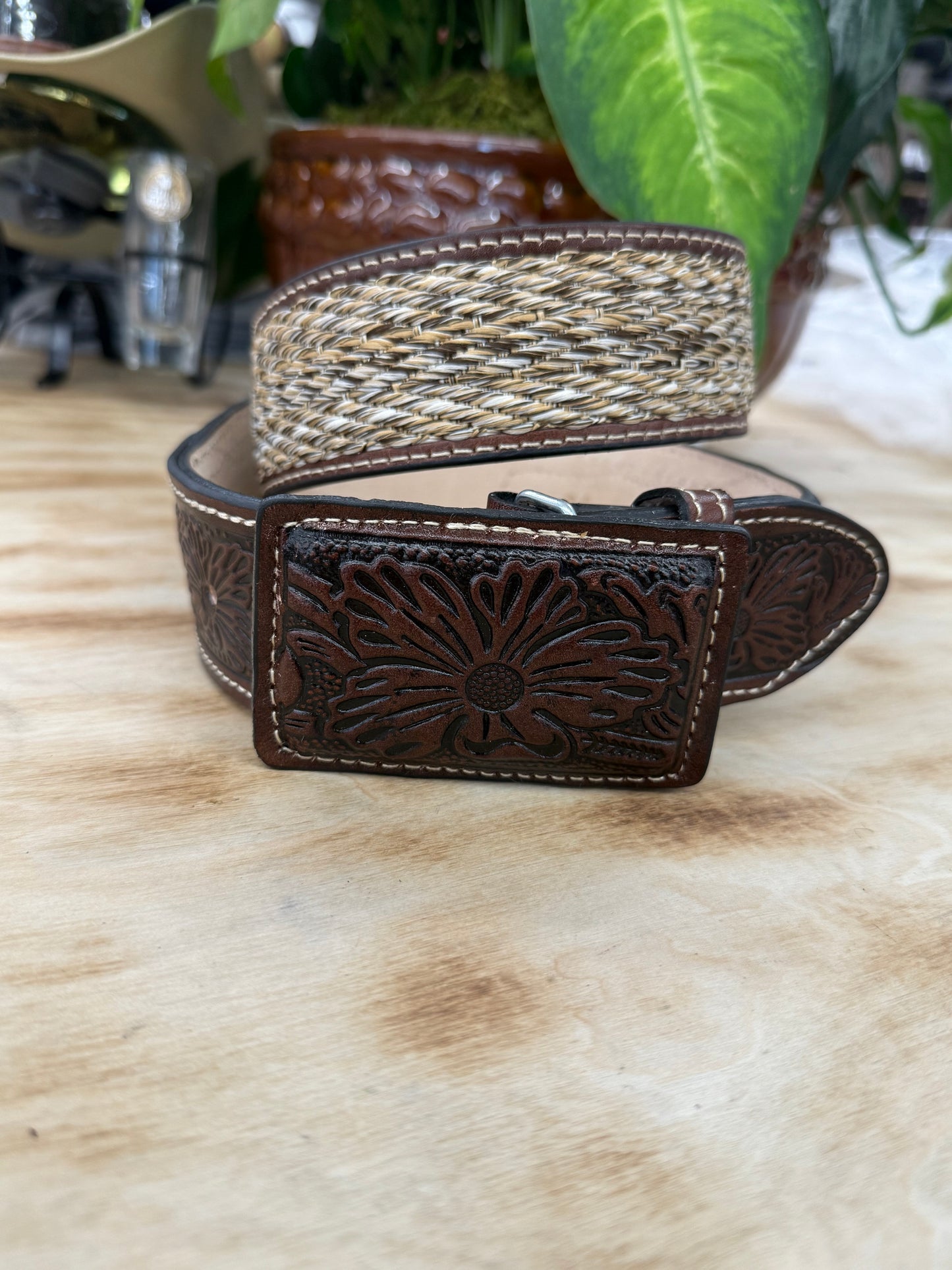 Men’s Brown Leather Belt Embroidered