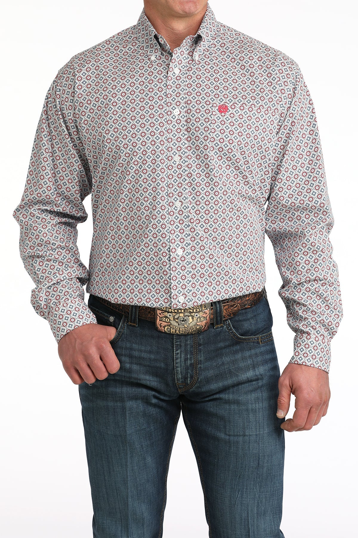 Cinch Men’s White Geo Print Stretch Long Sleeve Shirt MTW1106055