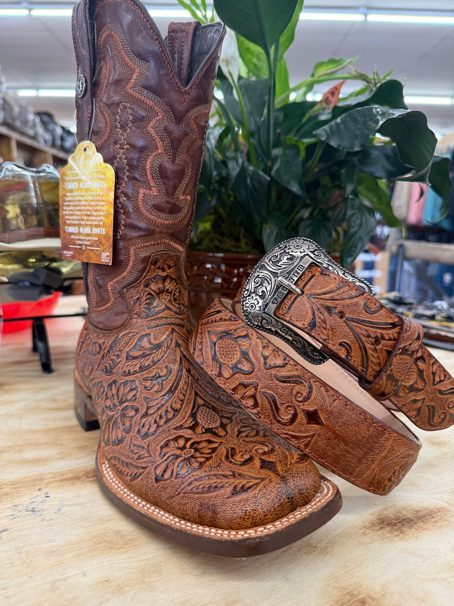 Tanner Mark Cognac Print Hand Tooled Men’s Belt