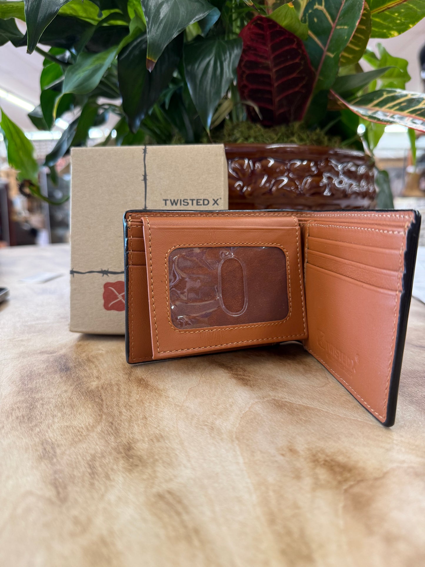 Twisted X Bi Fold Wallet W/Floral Carving TT Finish & Aztec Beads Inlay