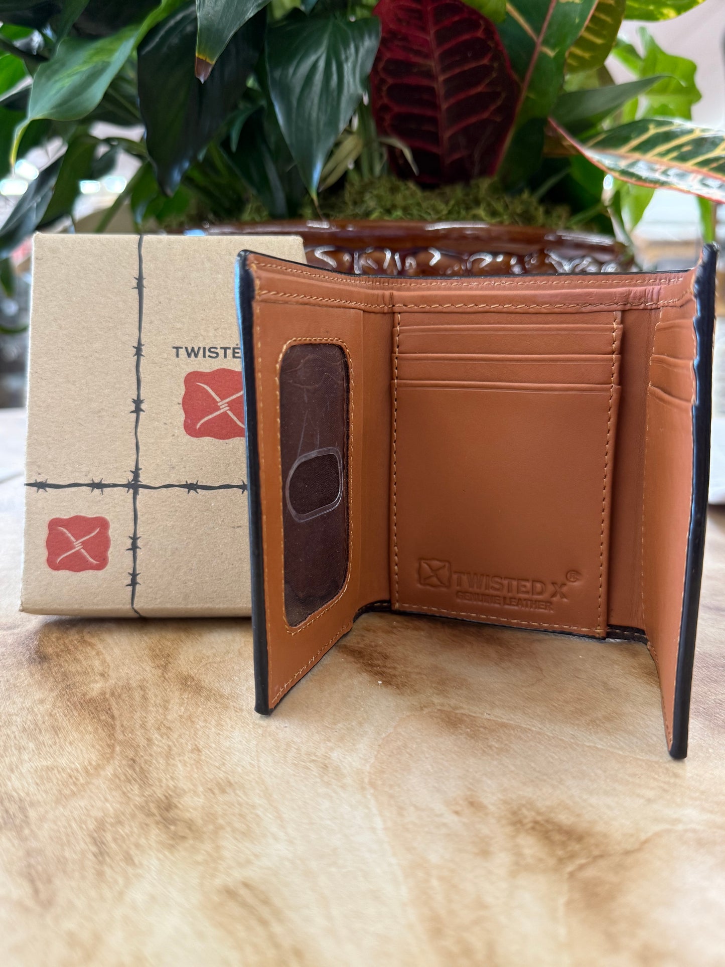 Twisted X Tri Fold Wallet W/Tooling TT Finish & Aztec Beads Inlay