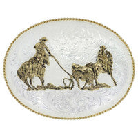 Montana Large Silver Engraved Western Belt Buckle With Team Ropers 2130