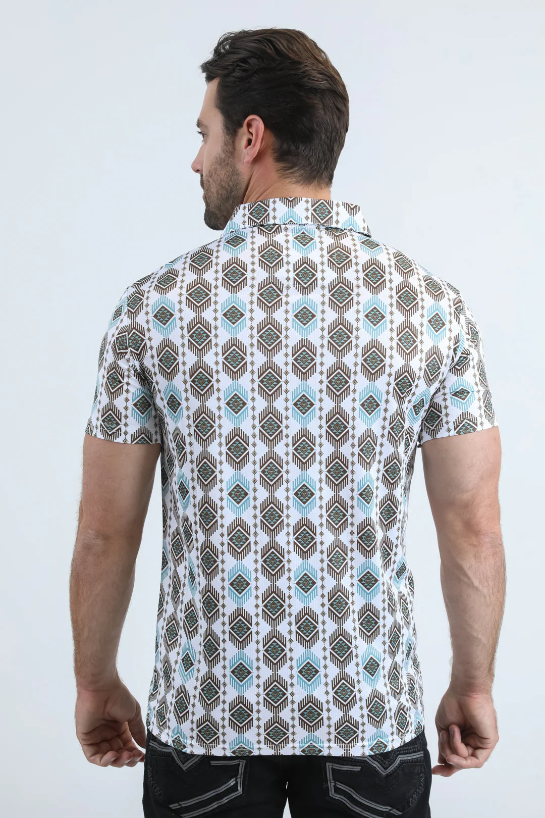 Platini Mens Modern Fit Stretch Aztec Print White Polo PGP11003
