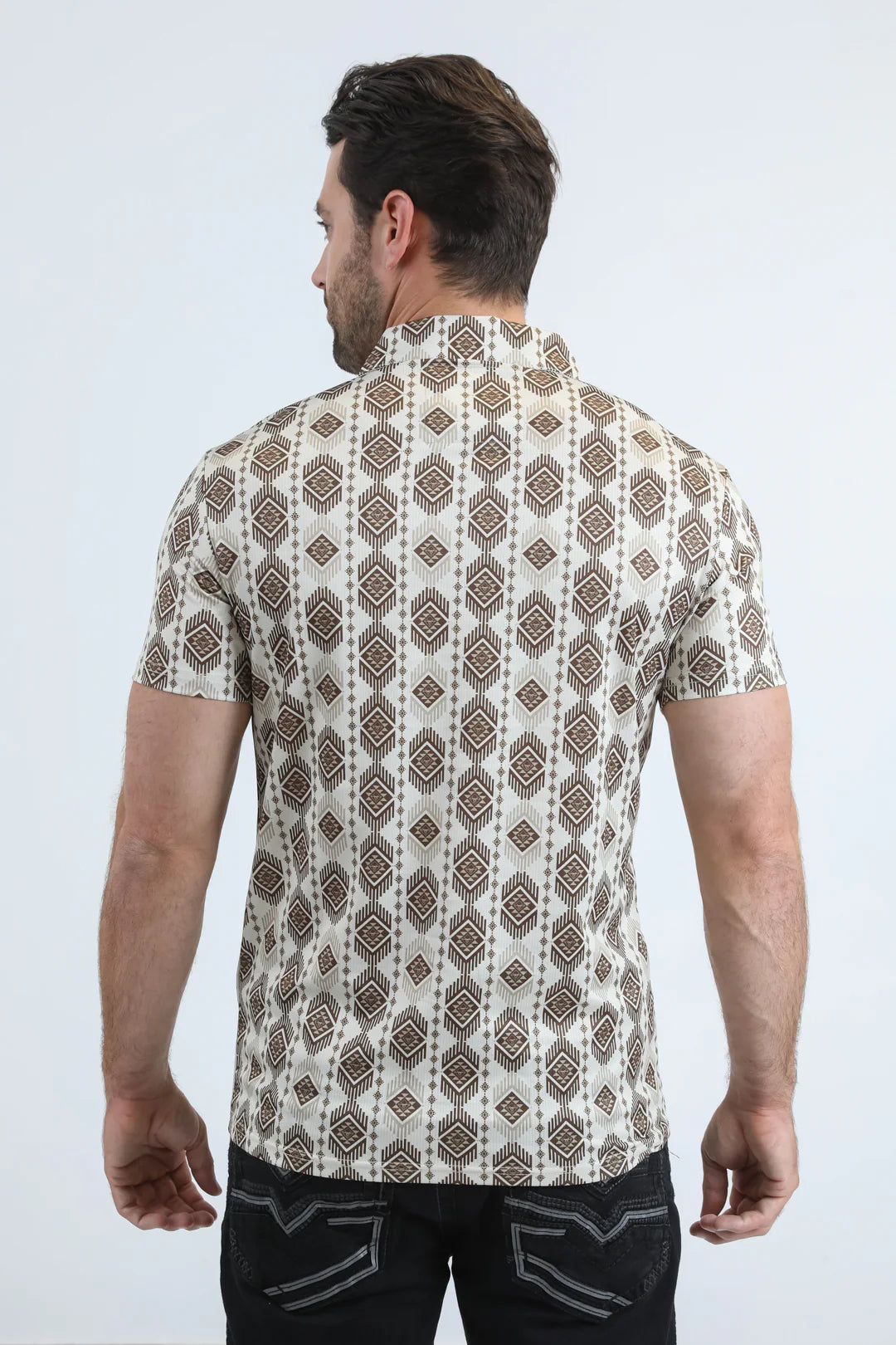 Platini Men’s Modern Fit Stretch Aztec Print Beige Polo PGP11005