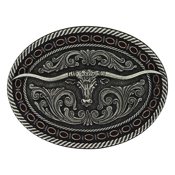 Montana Two Tone Antiqued Round Barbed Longhorn Attitude Buckle A742