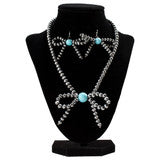 Silver Strike Grey Beaded Bow Necklace and Turquoise Earring Set D450025106