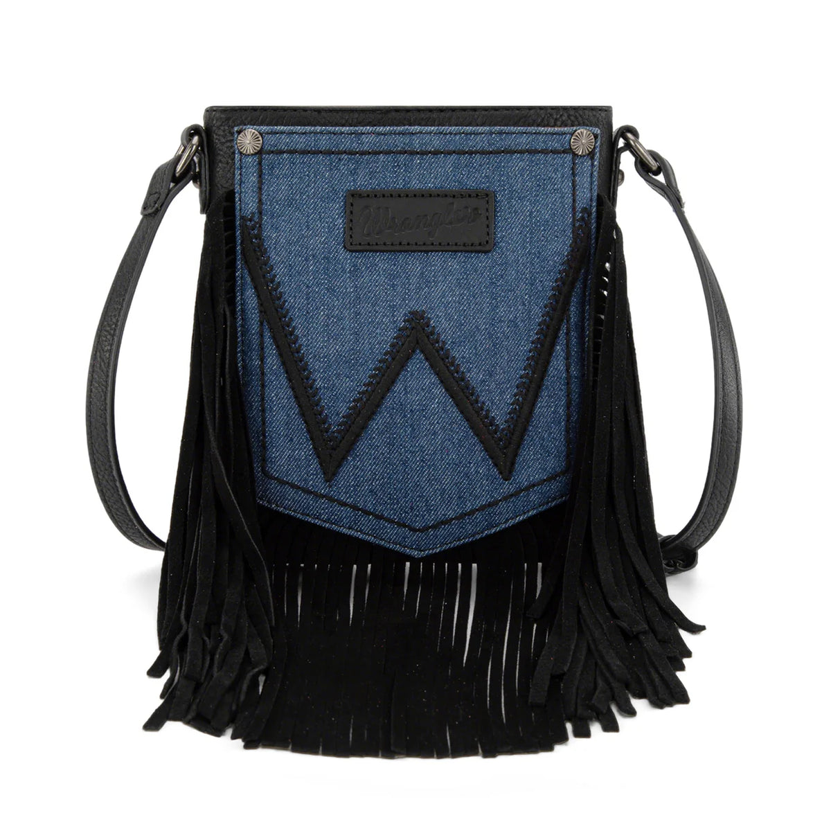 Wrangler Leather Fringe Jean Denim Pocket Black Crossbody WG367-8360BK