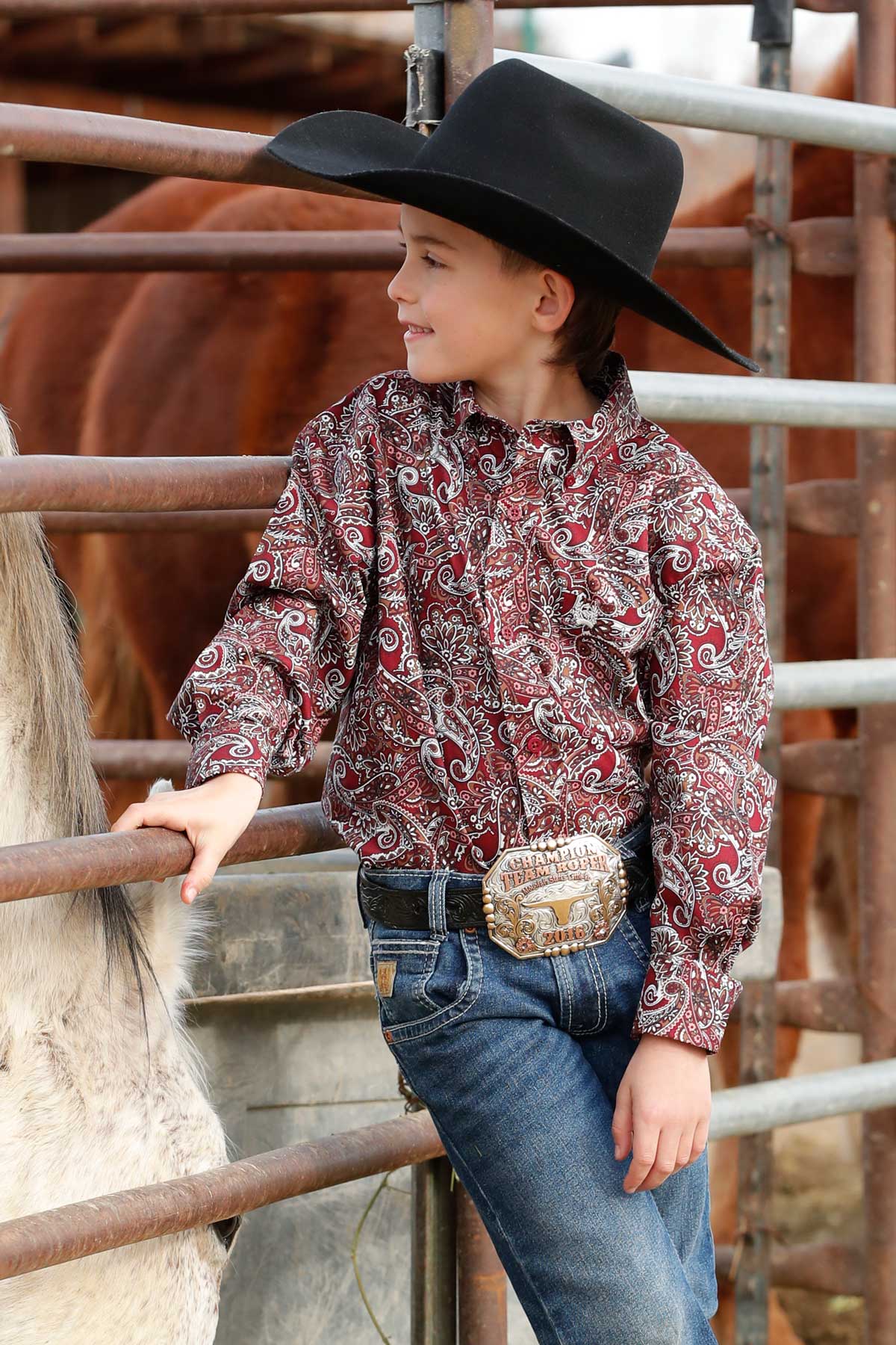 BOYS CINCH BURGUNDY PAISLEY LONG SLEEVE SHIRT - MTW7060402