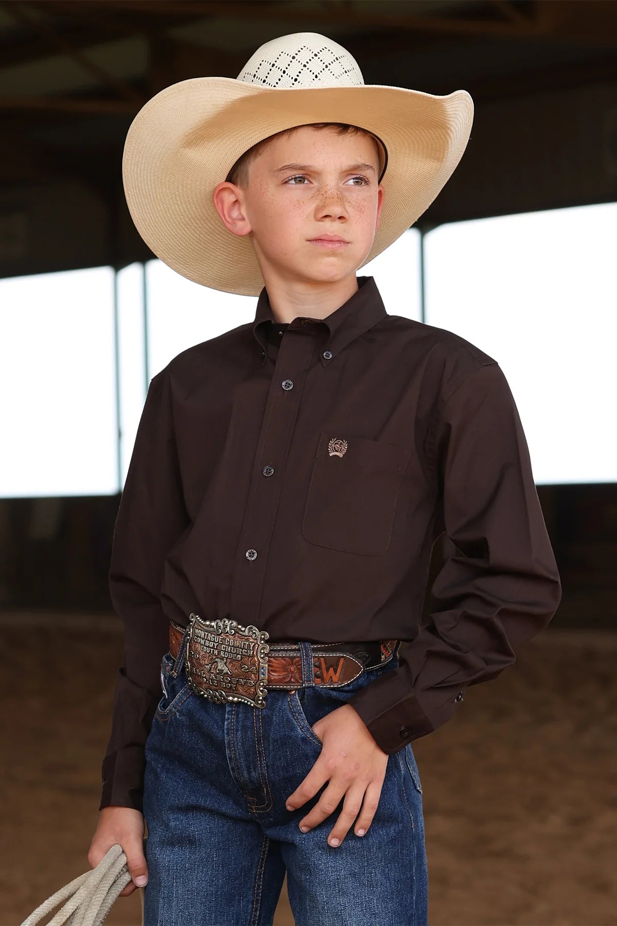 Cinch Boys Solid Brown Long Sleeve Shirt MTW7060408