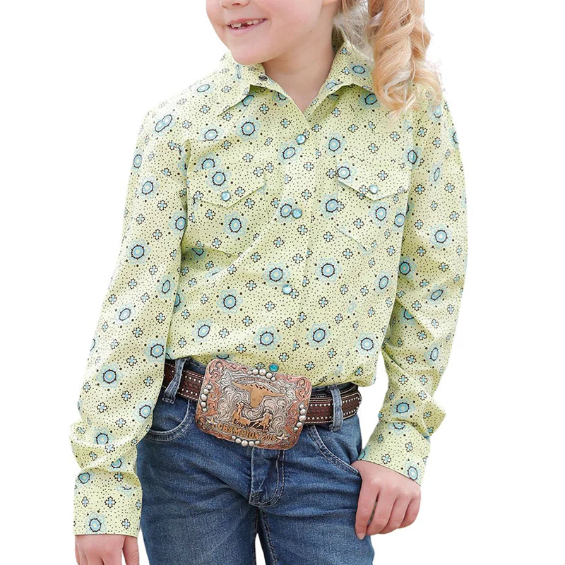 Cruel Girl's Lime Geo Print Snap L/S Western Shirt CTW3230043