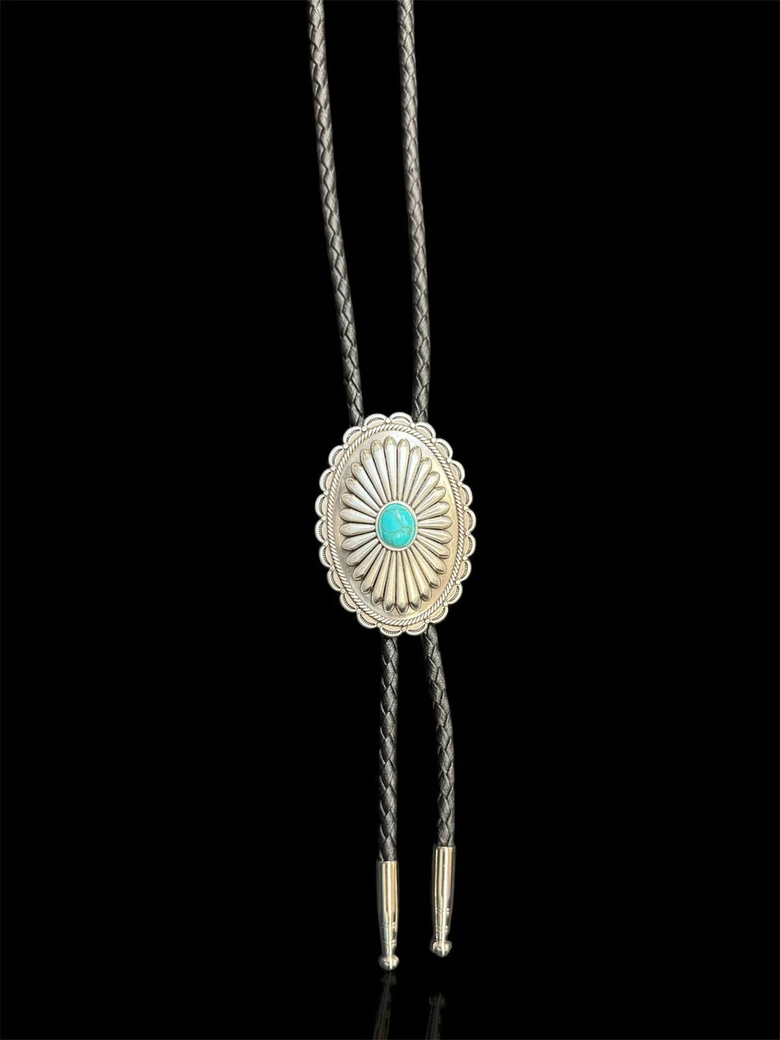 Double S Oval Flower Concho Slide with Turquoise Black Leather Bolo Tie