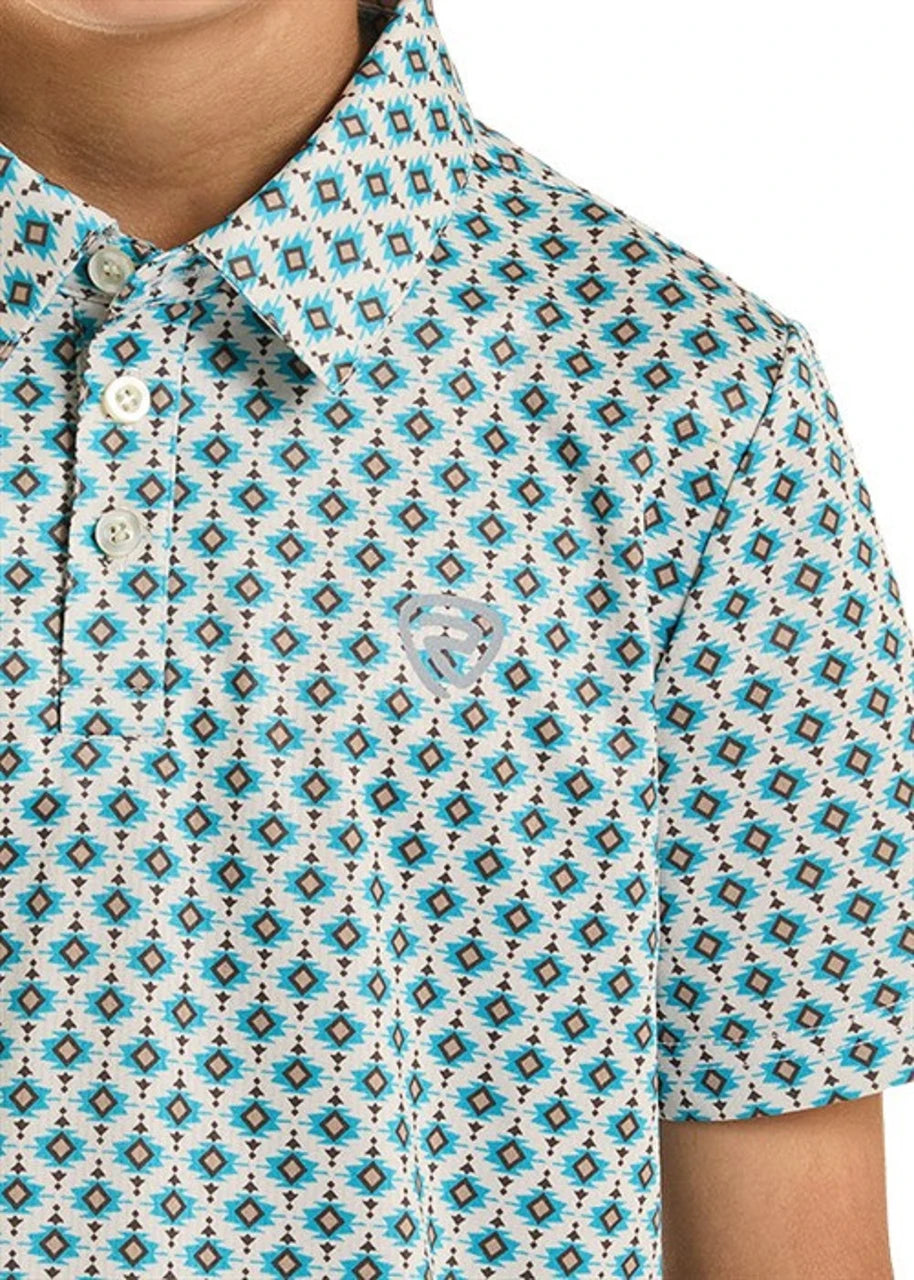 Rock & Roll Teal Mini Aztec Geo Print Kids Boys Polo BB51T08713