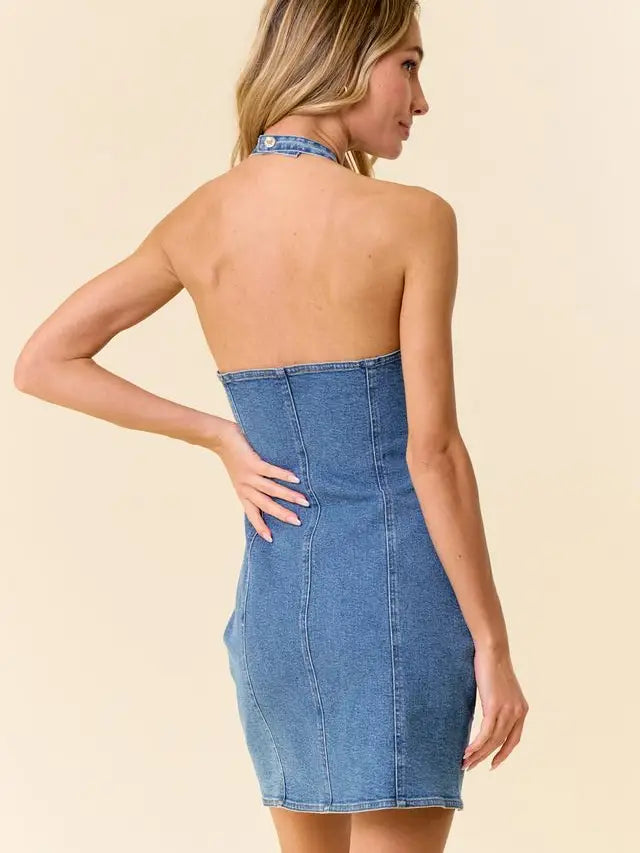 Saints & Hearts Medium Wash Halter Denim Mini Dress SID2450A