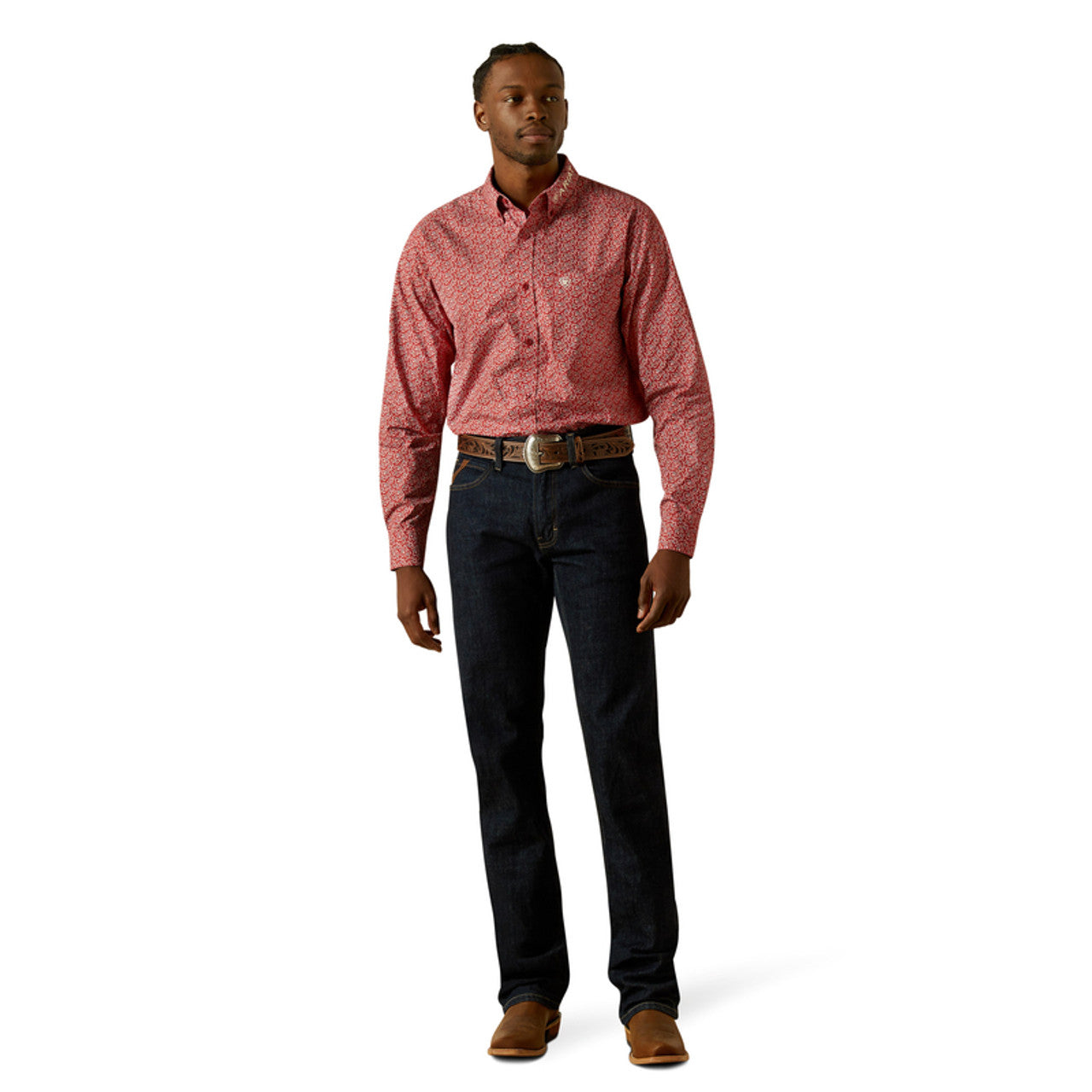 Ariat Mens Perl Fitted Red Beige Ls Shirt