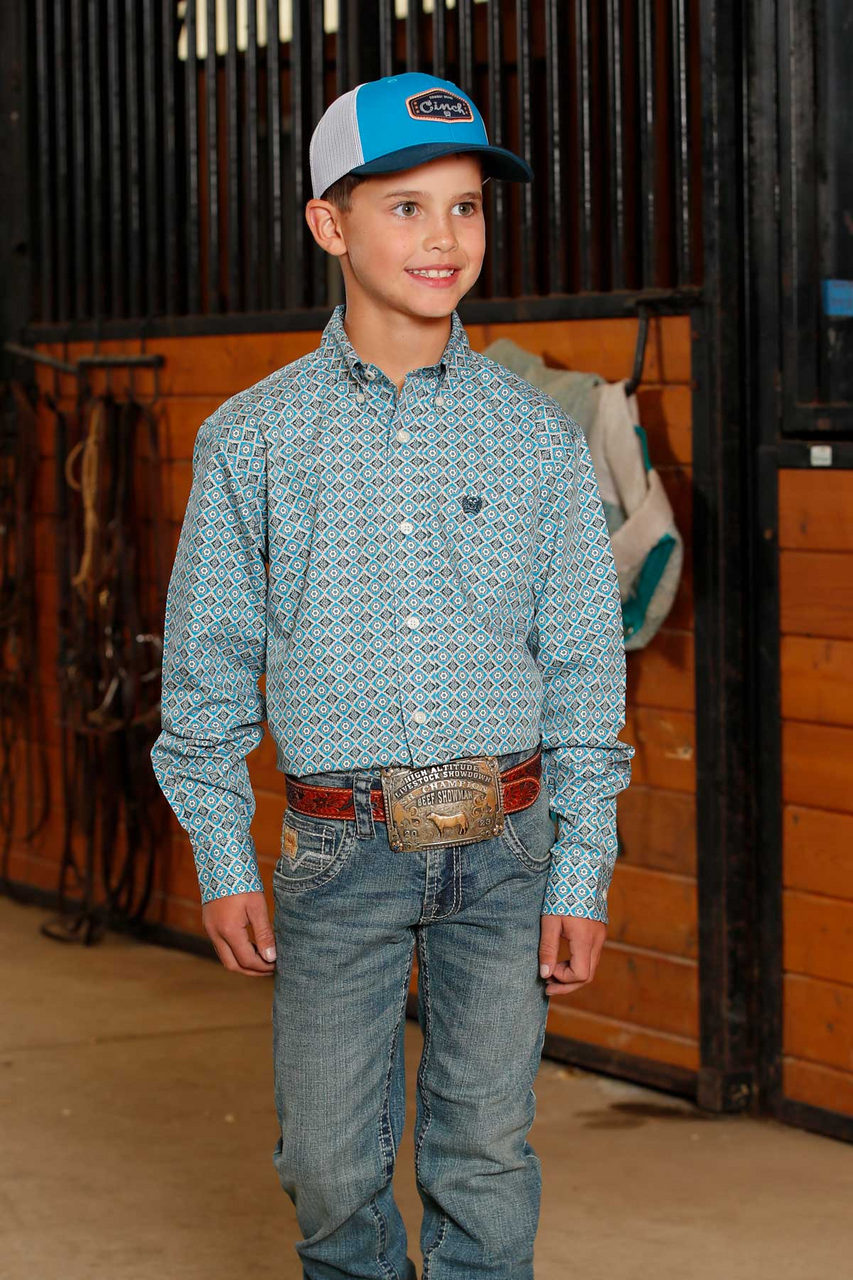 Cinch Light Blue Diamond Print Boys LS Shirt MTW7060386