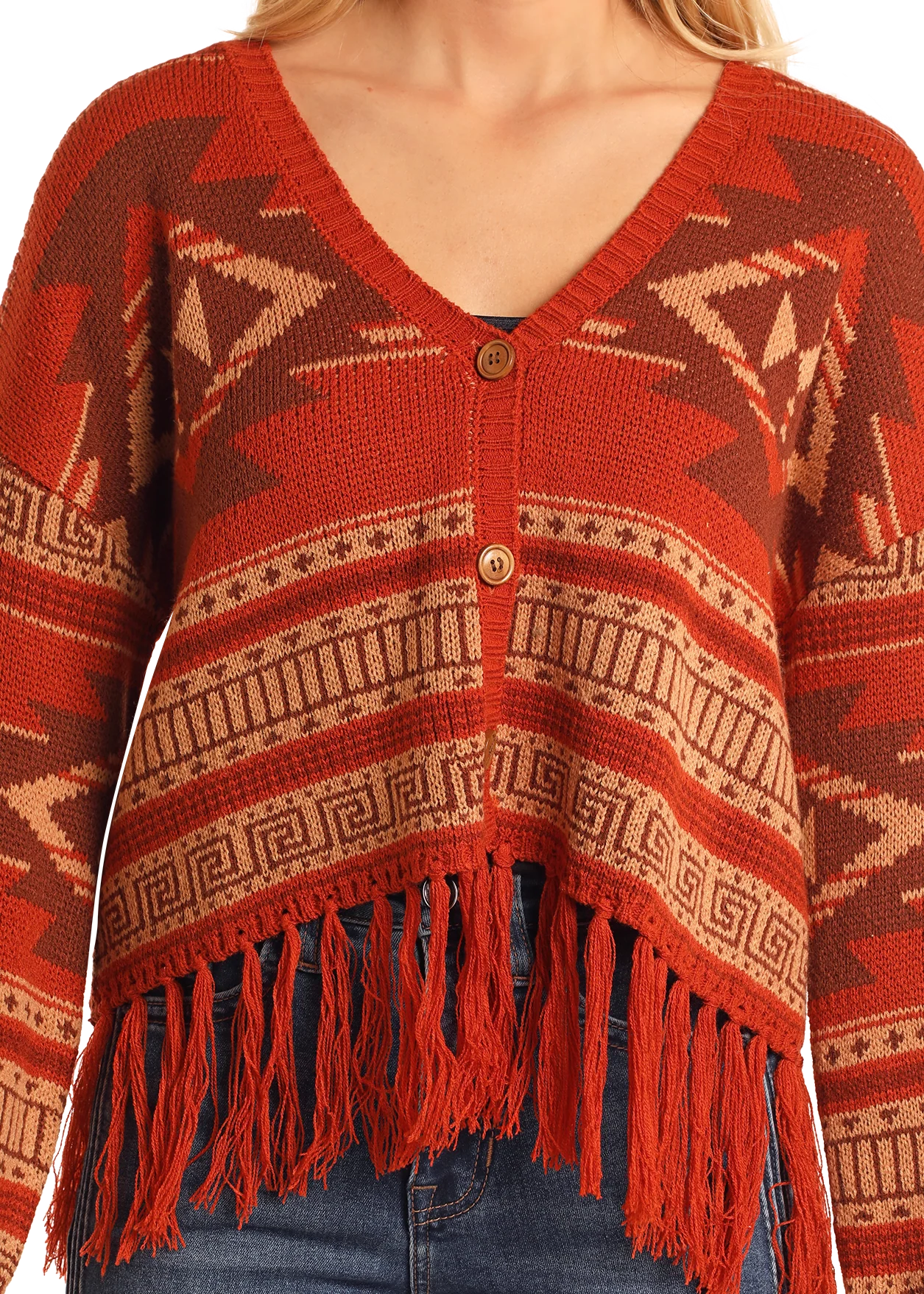 ROCK&ROLL AZTEC FRINGE STEER SKULL CARDIGAN SWEATER
