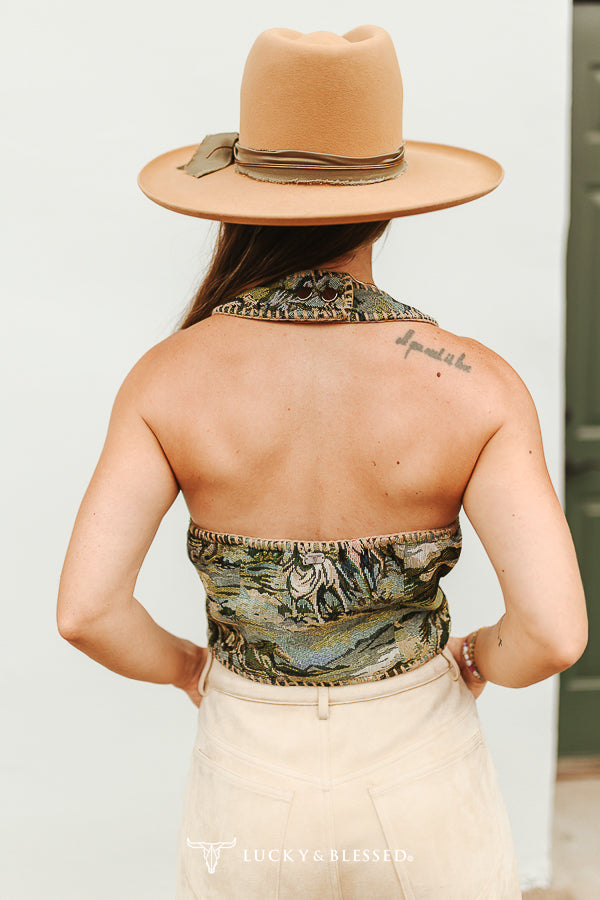 Lucky & Blessed Jacquard Multi Green Horse Buck-Stitch Tie Front Top TO1383