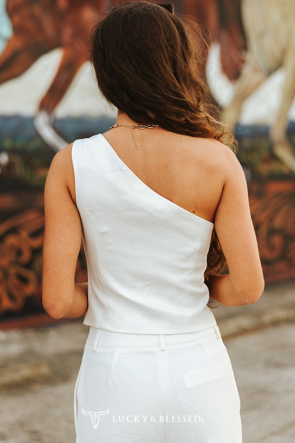 Lucky & Blessed Ivory One Shoulder Sleeveless Button Down Corset Top ST104