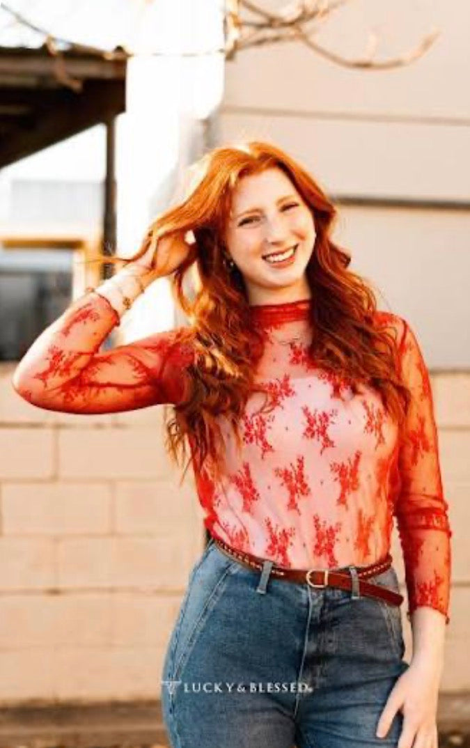 Lucky & Blessed Red Lace Long Sleeve Stretch Top TO721-RED