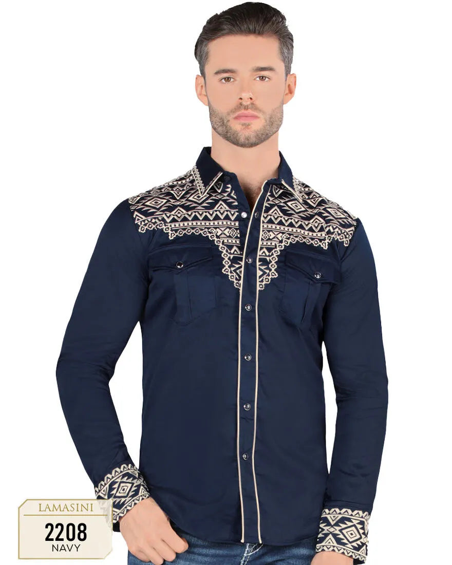 Lamasini Embroidered Men’s LS Snap Shirt Navy LV2208