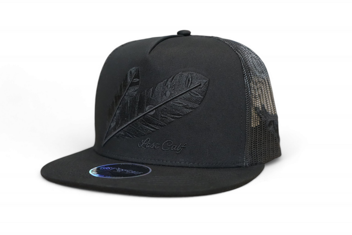 Lost Calf Men’s blackout Tribe Flat Bill Trucker Cap
