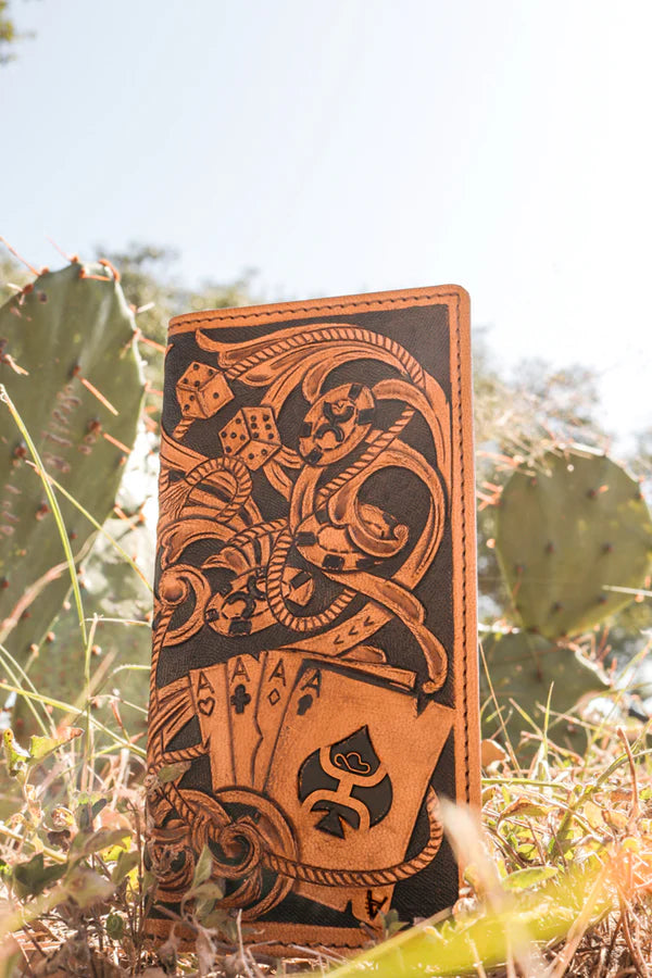 HOOEY "GAMBLER" TAN PLAYING CARD EMBOSSED RODEO WALLET