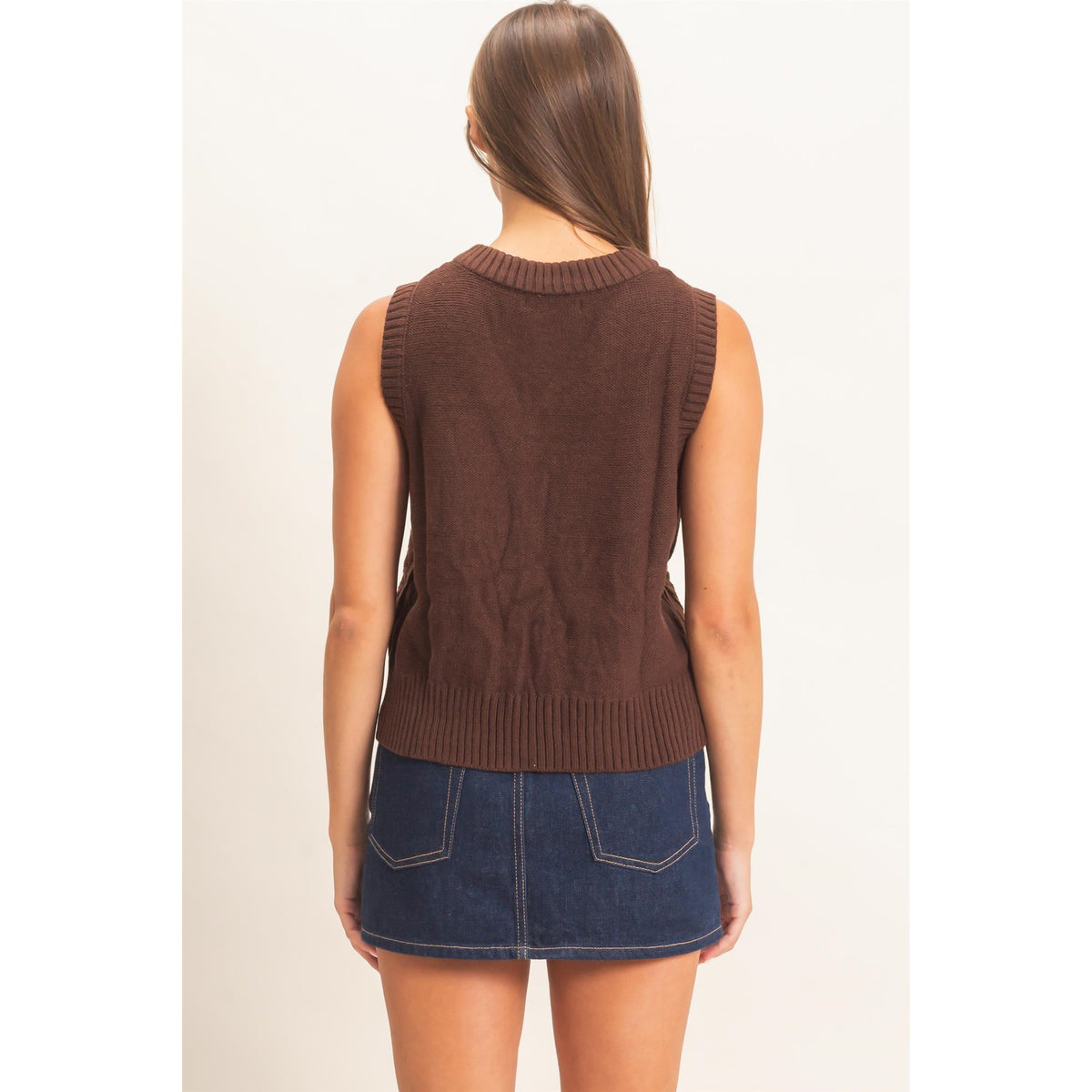Double Zero Cable Knit V-Neck Dark Brown Sweater Vest DZ26E548