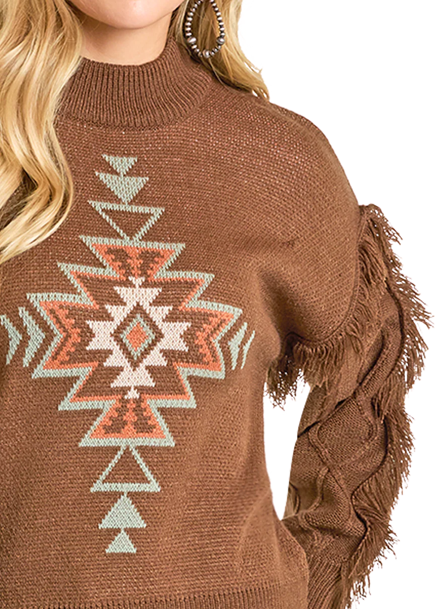 ROCK&ROLL AZTEC KNIT FRINGE SWEATER